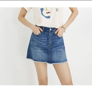 Madewell rigid denim A-line distressed raw hem skirt